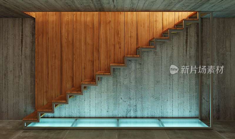 玻璃瓷砖上的木楼梯发出水光