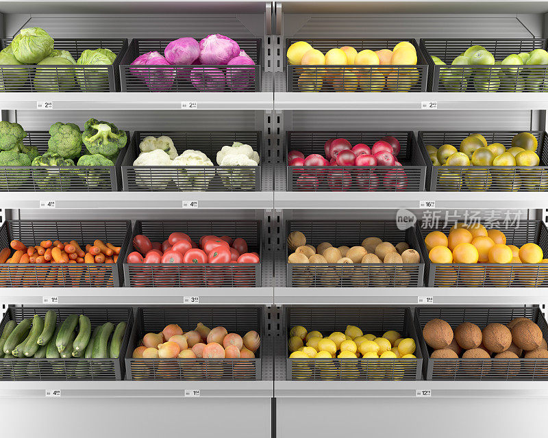 超市货架上的新鲜蔬菜和水果(背景)