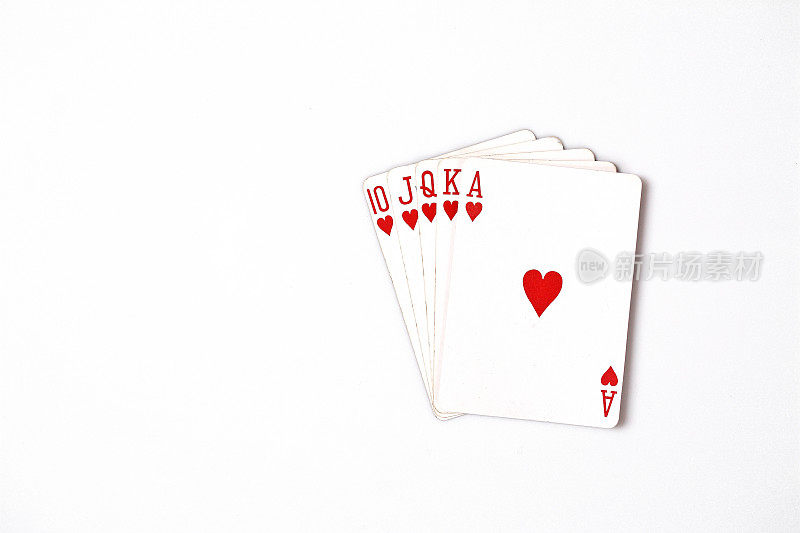 扑克手排名符号集扑克牌在赌场:皇家同花顺白色背景，运气抽象，横向照片与copyspace