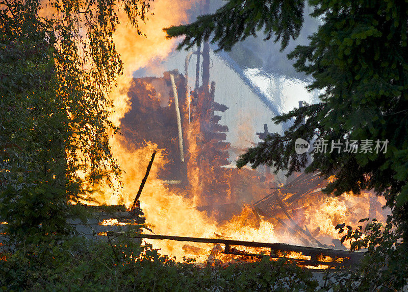 在燃烧学习训练期间，燃烧的房子穿过树