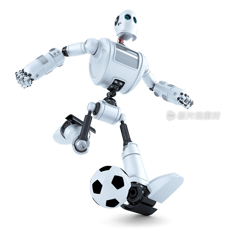 3D机器人踢足球。孤立。包含剪切路径