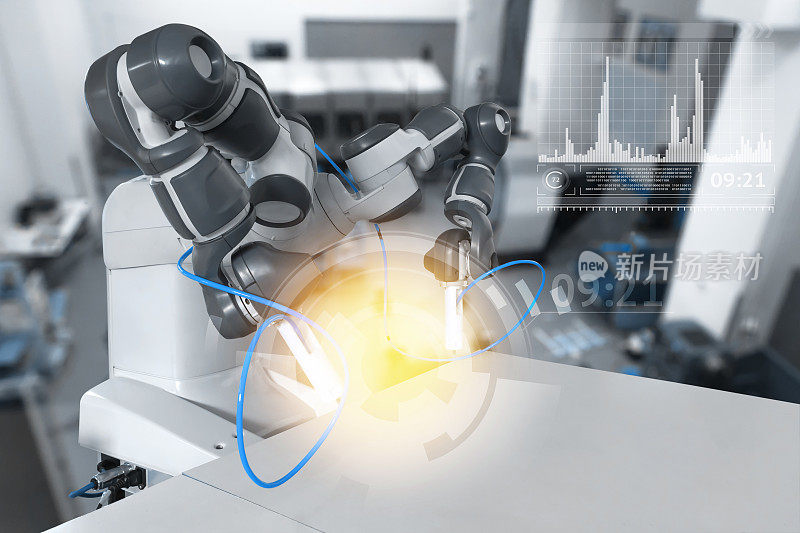 工业4.0，工业物联网概念。重型自动化无线机器人手臂和图形模糊高科技未来智能工厂技术背景。闪光效果。