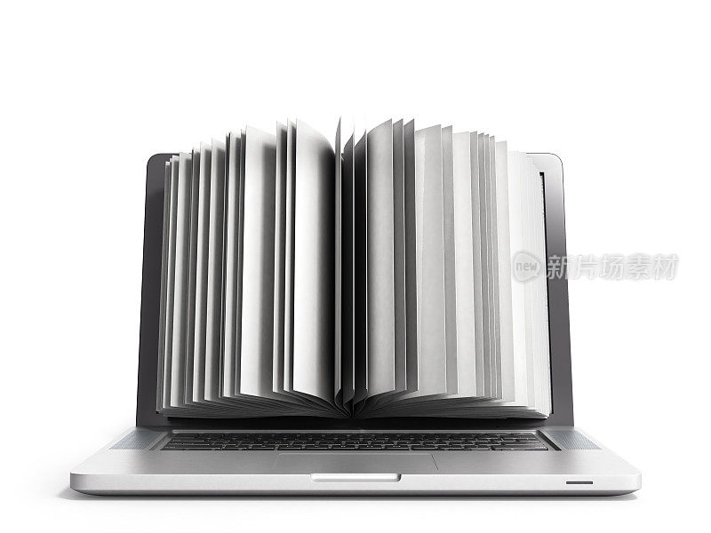 创造性的电子学习概念书和笔记本电脑3d渲染在白色