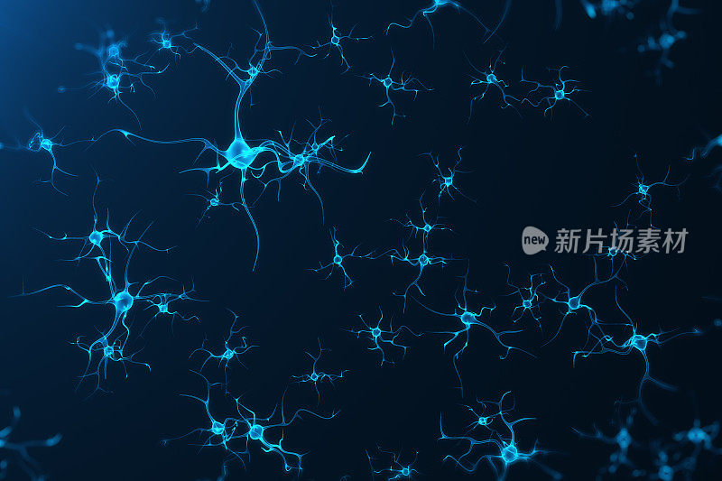 带有发光连接节的神经元细胞的概念性图解。突触和神经元细胞发送化学电信号。用电脉冲连接神经元的神经元，3D渲染