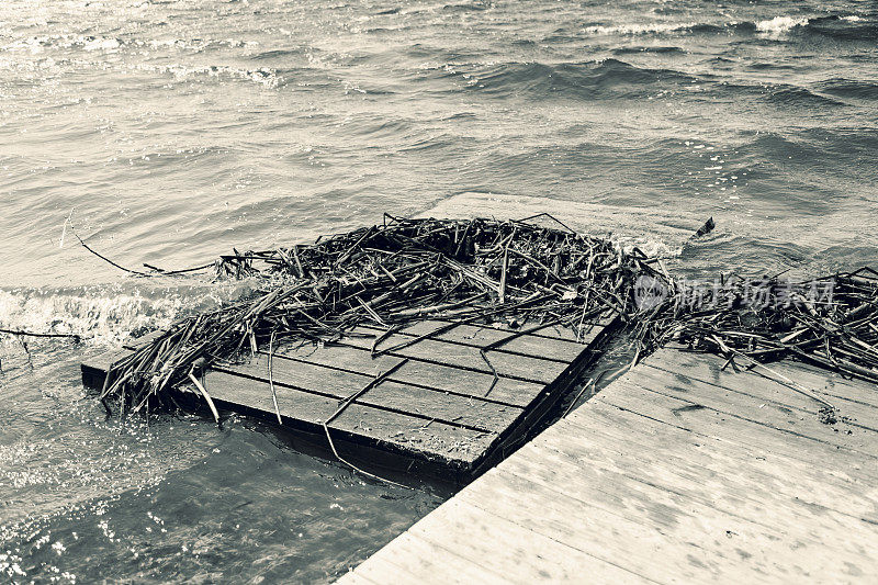 高水位和芦苇覆盖了一个破碎的木板路码头在一个湖