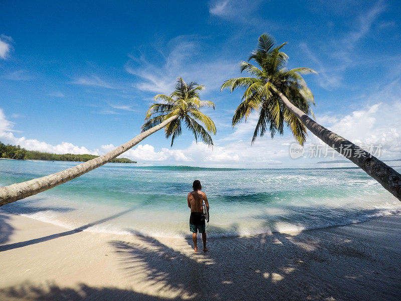 一个在两棵棕榈树之间的冲浪板男人