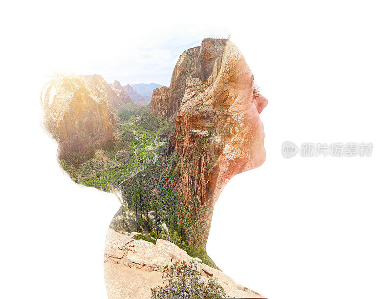 一个年轻女子在天使降落的顶峰欣赏风景的多重曝光。锡安国家公园。
