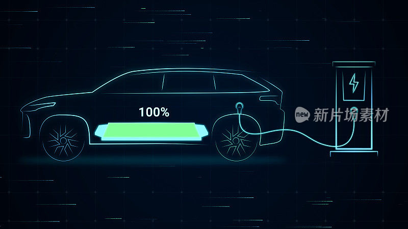 电动汽车全充电电池采用直流快速充电器，智能信息电动汽车电站状态显示，未来设计混合动力汽车功率级指示器UI界面3d渲染