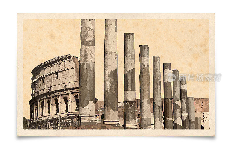 意大利罗马的斗兽场和古老圆柱的老式明信片