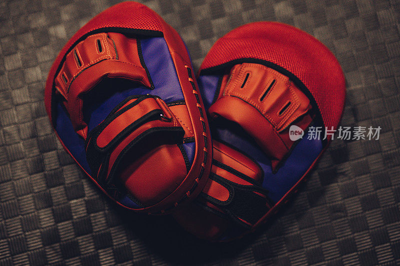 红色和蓝色的皮革拳击训练垫在黑色的健身垫上