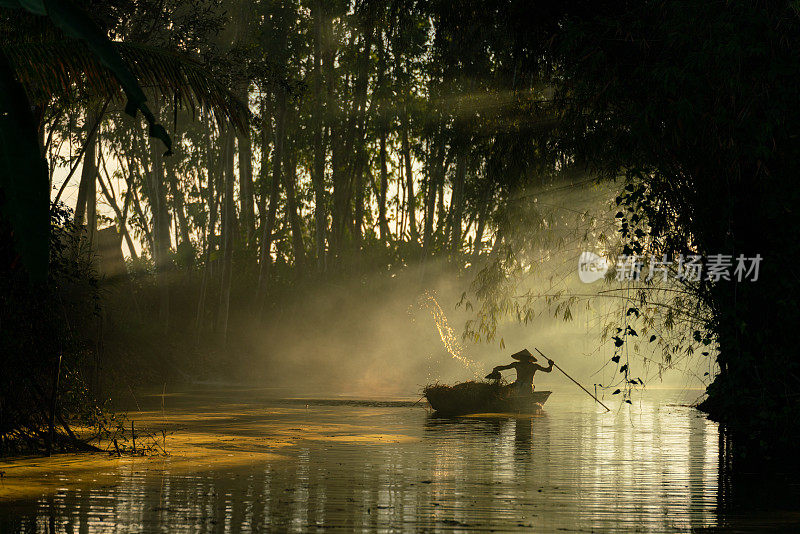 日落时分，一位戴着圆锥形帽子的当地男船夫划着木船穿过竹林里的一条小河，送一些干草给动物喂食