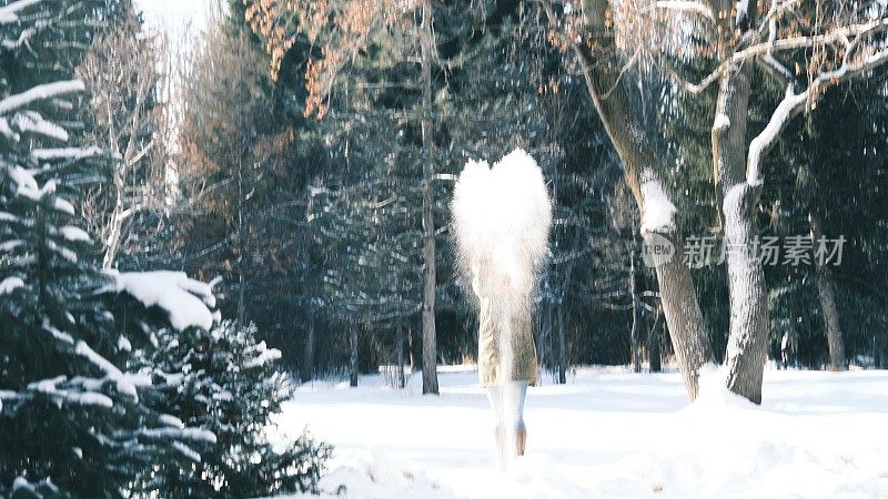 兴高采烈的女游客在冬季公园玩雪