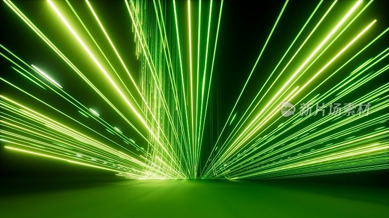 3d渲染，抽象背景发光的绿色霓虹灯线。激光显示