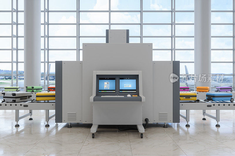机场安检处用x光扫描仪扫描行李