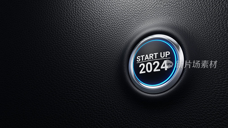 启动2024按钮。规划，开始，职业道路，商业战略，机会和改变观念。启动2024现代汽车按钮与蓝色发光。三维演示