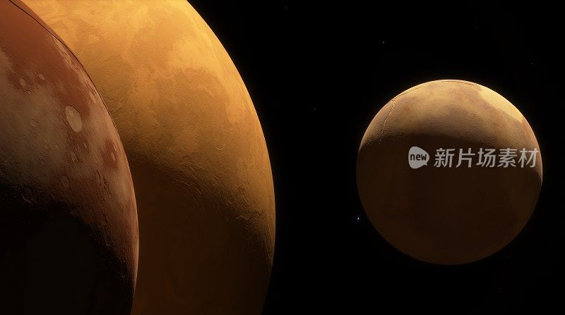 两个天体在太空的黑色背景下。较大的物体以其红色色调和可见的陨石坑占据了画面，而较小的物体则投射出微妙的阴影。三维渲染