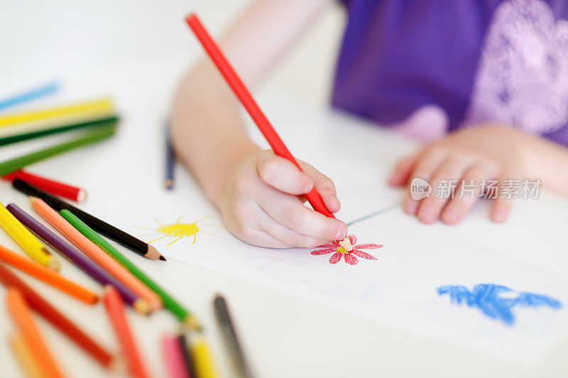 可爱的女孩正在用彩色铅笔画画