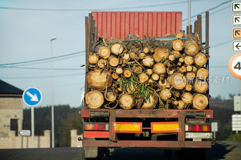满载圆木的卡车在路上行驶。
