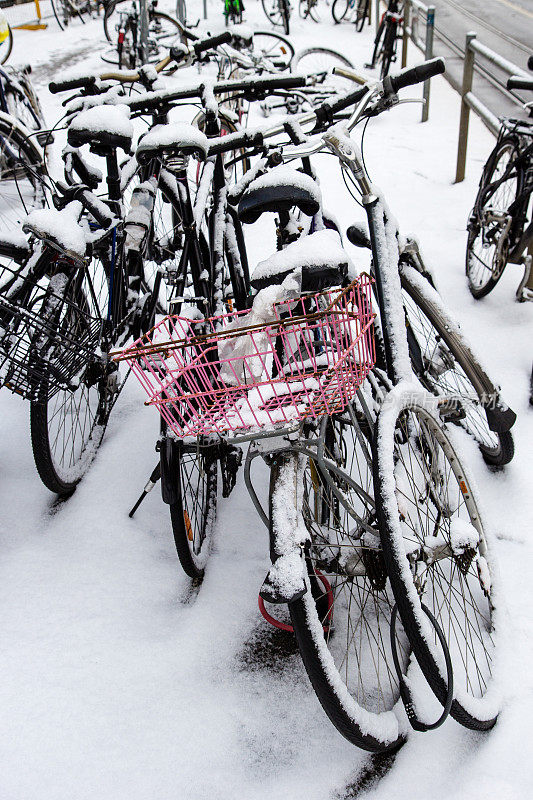 在雪地里停放自行车