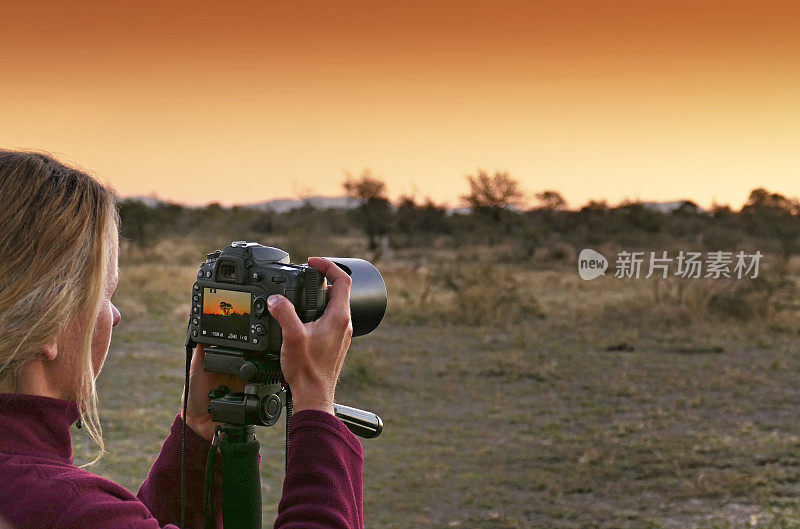 一名白人妇女在南非马迪克维野生动物保护区狩猎旅行期间用单反相机拍照