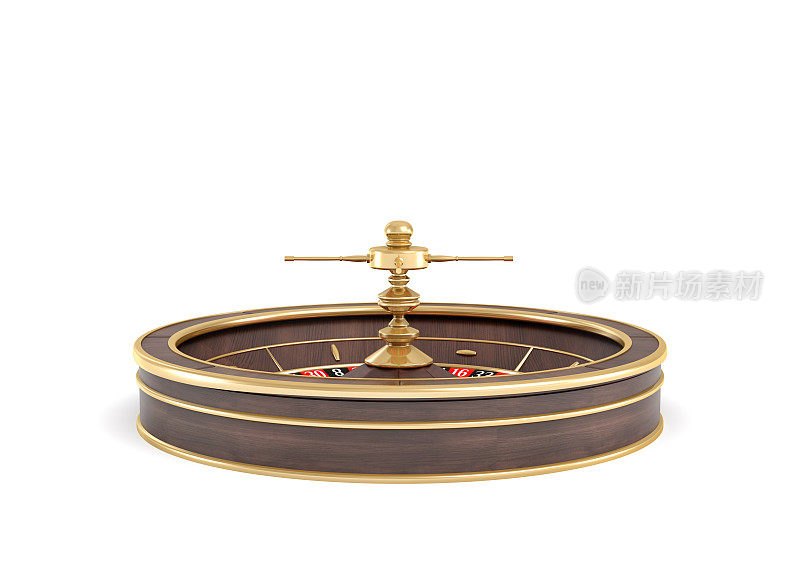 一个孤立的木制轮盘赌与金色装饰的白色背景的3d渲染