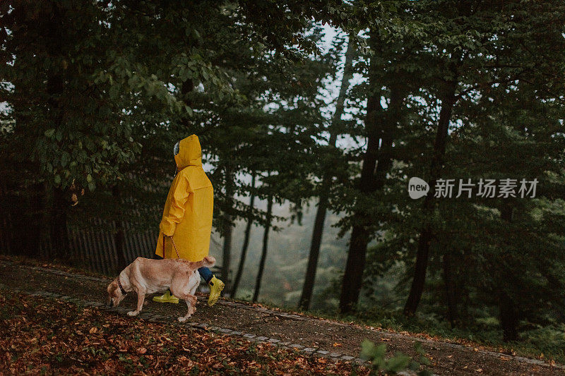 年轻女子和她的狗享受雨天