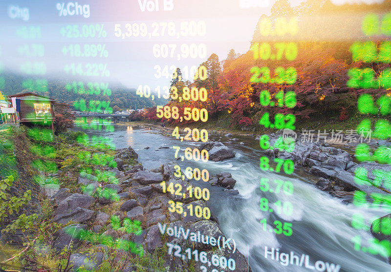 早晨富士山和川口湖的投资和银行主题，秋天的季节在日本山立富士山。