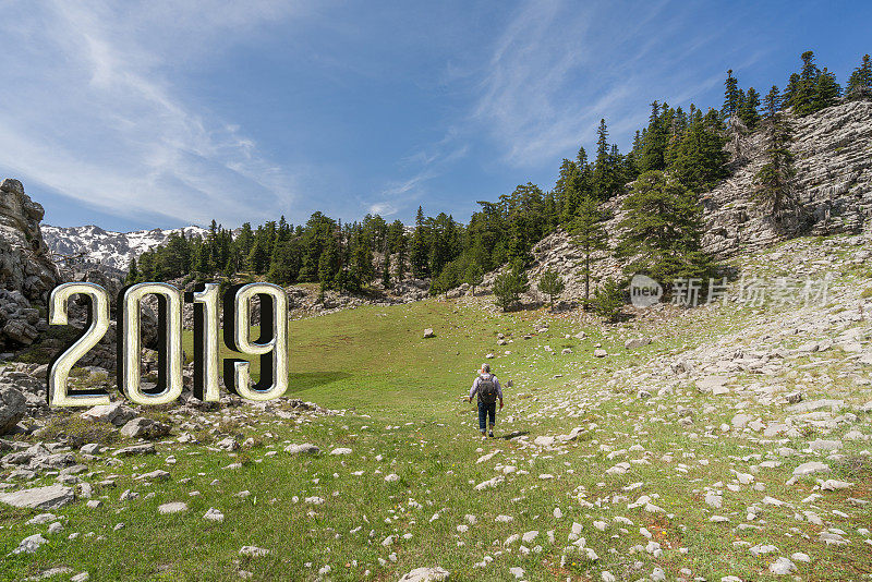 2019年，成熟的男人在森林的山顶上行走