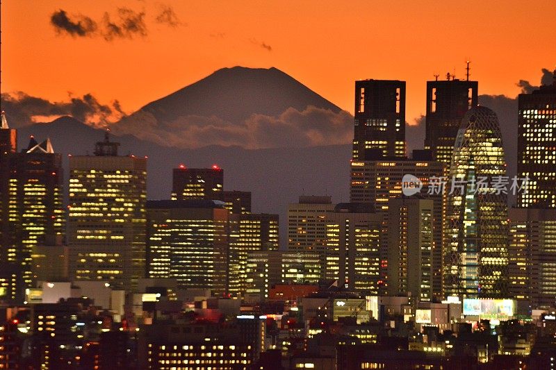 富士山和东京的天际线:白天和黑夜