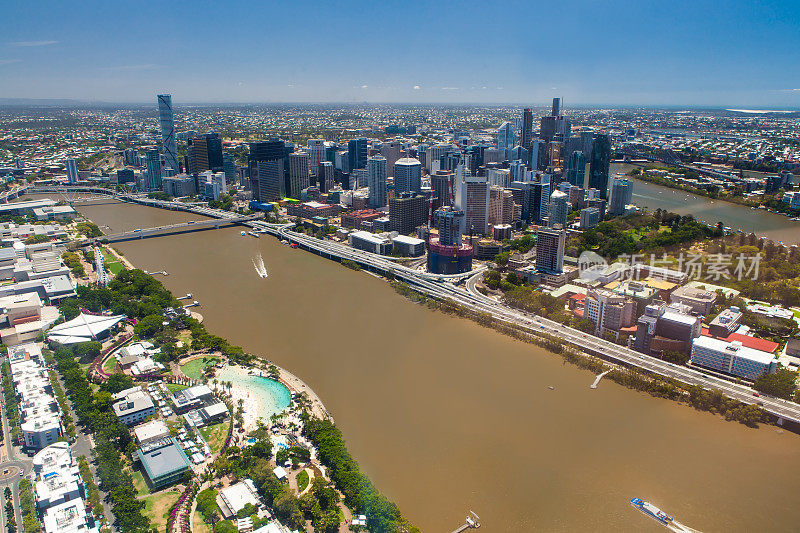 航拍图片布里斯班河，城市和南岸，昆士兰澳大利亚