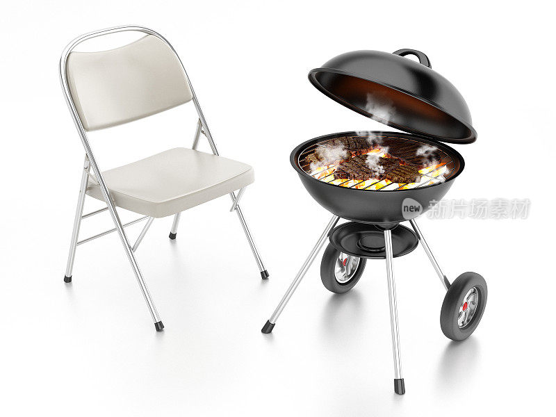 椅子和烧烤与烟熏肉隔离在白色