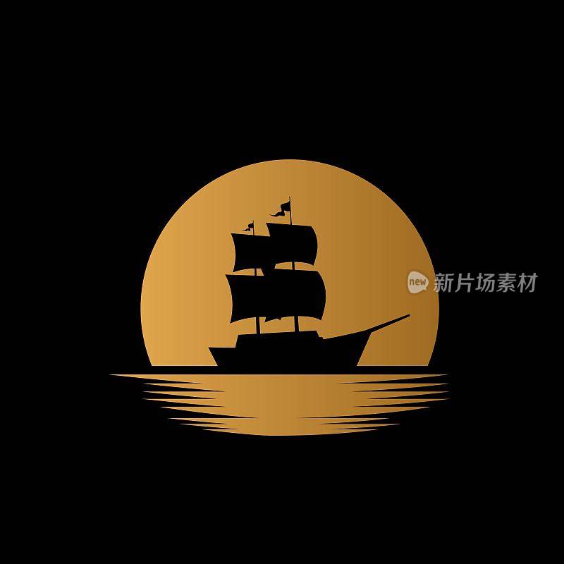 船舶航行在海洋与月亮背景插图标志设计