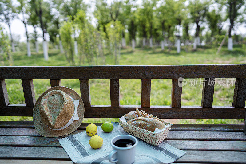 野餐:在公园长椅上吃面包喝咖啡