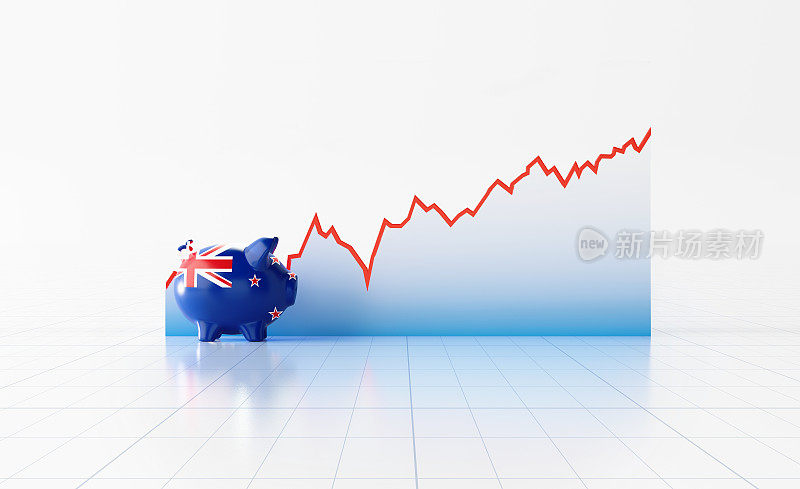 小猪银行与新西兰国旗纹理坐在前面的线形图上的白色背景
