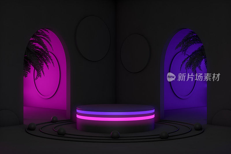 3D产品支架，底座，黑色背景，霓虹灯，棕榈树