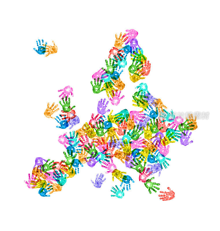 欧洲白底彩色儿童手印地图
