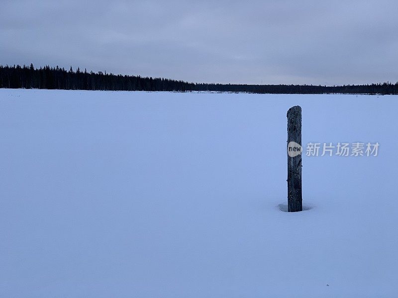 冬季景观与柱子浸没在深雪的前景