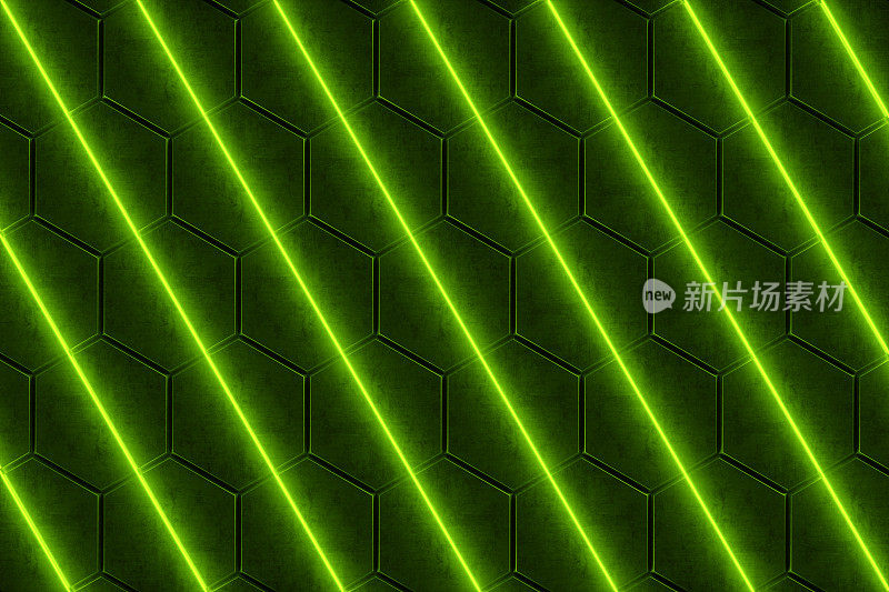 抽象霓虹背景黑色六角形与绿色光束灯