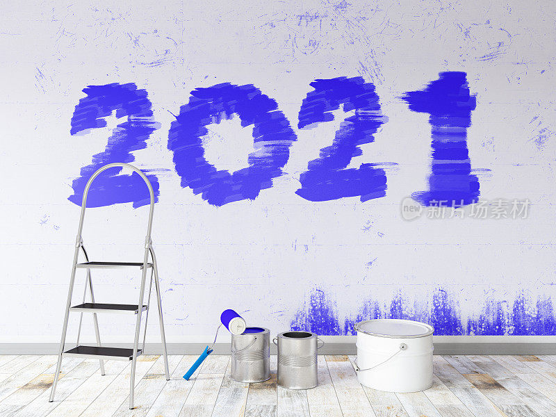 在白墙上画“2021”。新年的概念