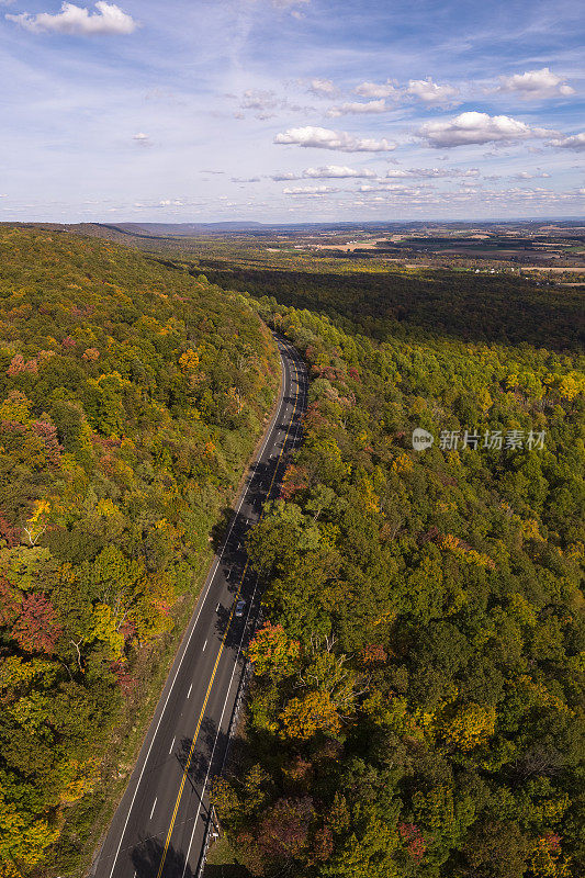 在阿巴拉契亚山脉附近的阿巴拉契亚小道森林公路的鸟瞰图。