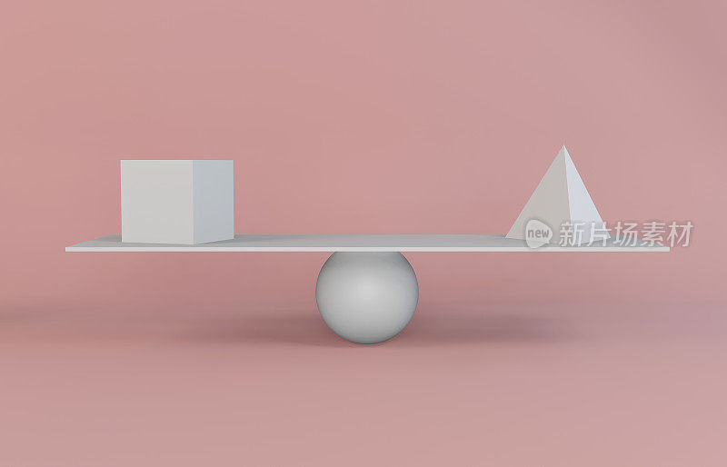 平衡的概念。正方形和三角形站在跷跷板上。