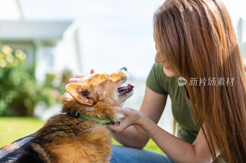 年轻的千禧女性与宠物狗共度美好时光