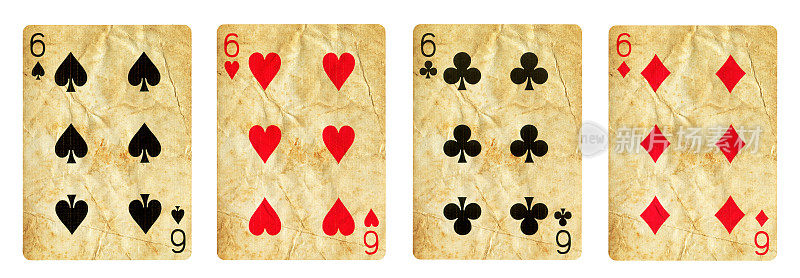 一套六张扑克牌-孤立在白色上