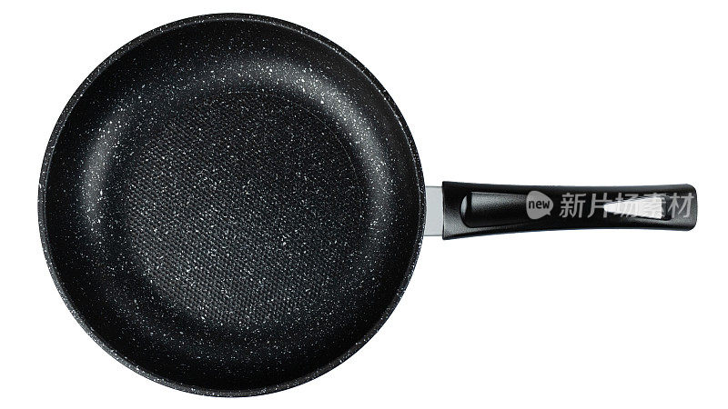黑色陶瓷涂层银斑煎锅。里面是浮雕蜂巢的形式。一个黑色的处理。在白色背景下