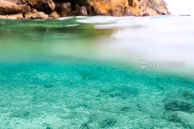 在半途的水中，蓝绿色的加勒比海海景和风景如画的悬崖景观