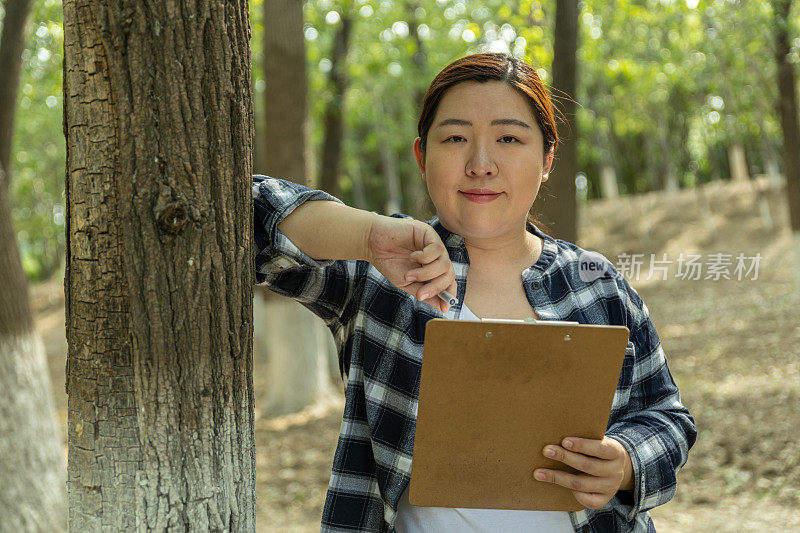 女技术生态学家仰望树梢