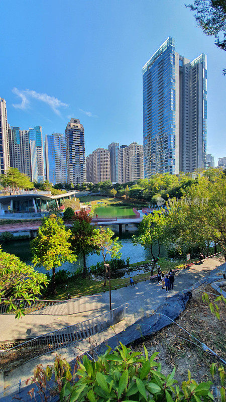 台湾台中市枫园公园的建筑设计，以绿树、鲜花、柔和的阳光构成美丽的自然景观。舒适放松的下午，广场，散步，湖泊