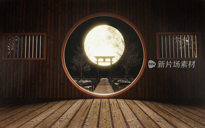 满月之夜，皎洁的金色月亮。中国古代风格的竹屋，有一座延伸到大海的木桥。月光映照出石头的影子。三维渲染