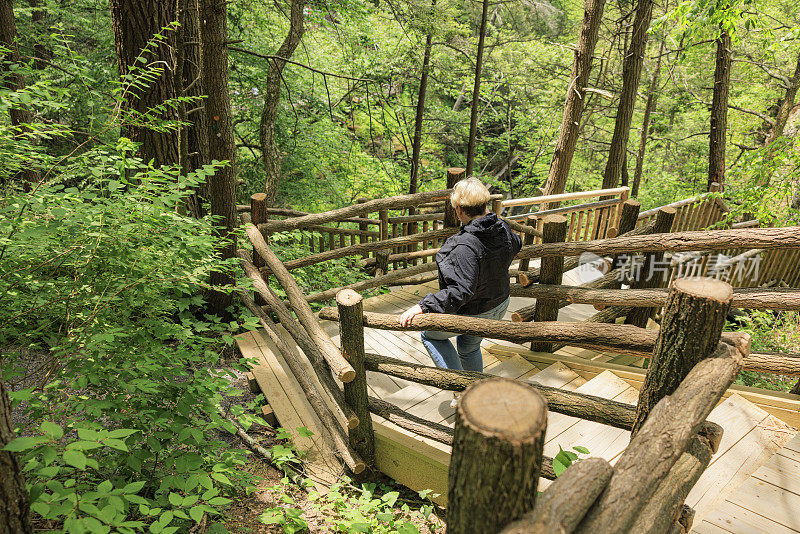 在宾夕法尼亚州布什基尔瀑布徒步旅行的女性游客:在木桥上徒步旅行的成熟女性。从上面看