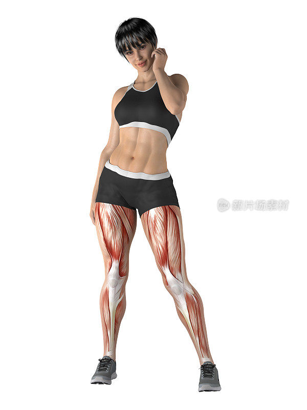 健身女性，站着，显示一个运动员的身体，突出的腿部肌肉，在白色的背景